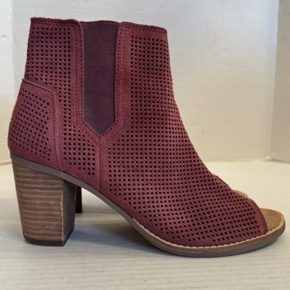 TOMS Majorca Boots Size 7.5 Block Heel Open Toe Burgundy Suede Bootie - Picture 4 of 16